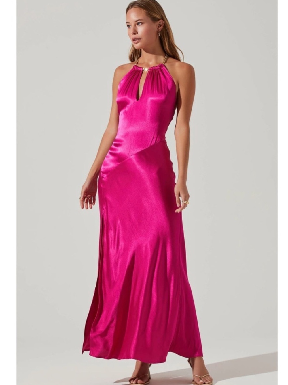 Astr Kazia Halter Maxi Dress in Fuchsia Satin